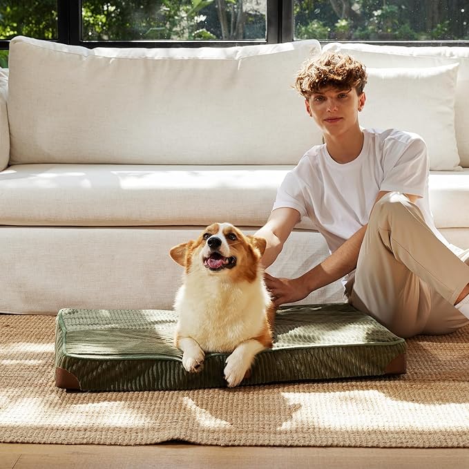 FUKUMARU Dog Bed, Thickened Corduroy Orthopedic Dog Beds with Washable Cover, Large Waterproof Dogs Bed for Crate, 28D Egg Crate Foam Support Pet Mat, Cozy Pet Bed Pad with Anti-Slip Bottom, Green