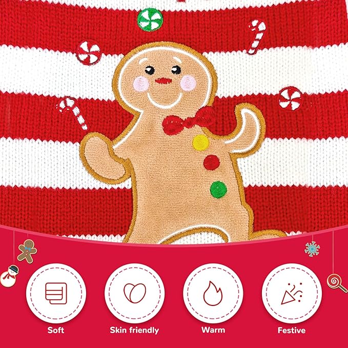 Dog Christmas Sweater Xmas Pet Clothes Cute Striped Gingerbread Man Costume Holiday Puppy Cat Jumpers Outfits New Year Gifts for Small Medium Large Dogs(Red Gingerbread Man,XXS)