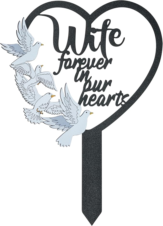 BUoonyer Stake Graves Cemetery Decorations - Wife Metal Memorial Grave Markers, Women Heart Graveyard Sympathy Plaque, Dove Remembrance Graveside Burial Decor Sign for Outside Yard Garden