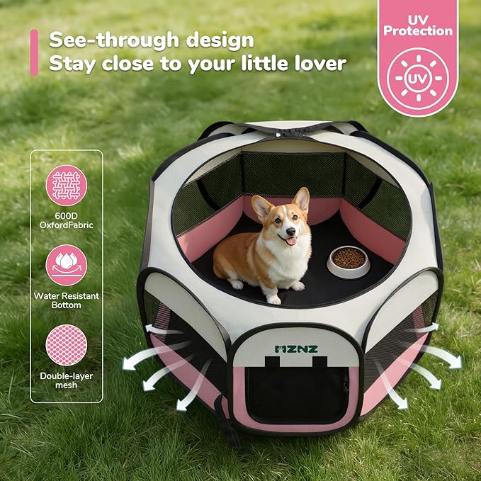 Dog Playpen, Portable Puppy Pet Crate Indoors for Small/Medium Dogs Cats Rabbits, Foldable Dog Cage Enclosure for Outdoor, Pop Up Dogs Tent Kennel with Carrying Case, Pink