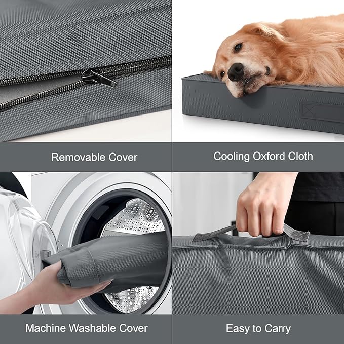 Outdoor Large Washable Dog Bed, Orthopedic Egg Crate Foam Dog Crate Mat for Large Dogs with Removable Oxford Cooling Cover, Grey