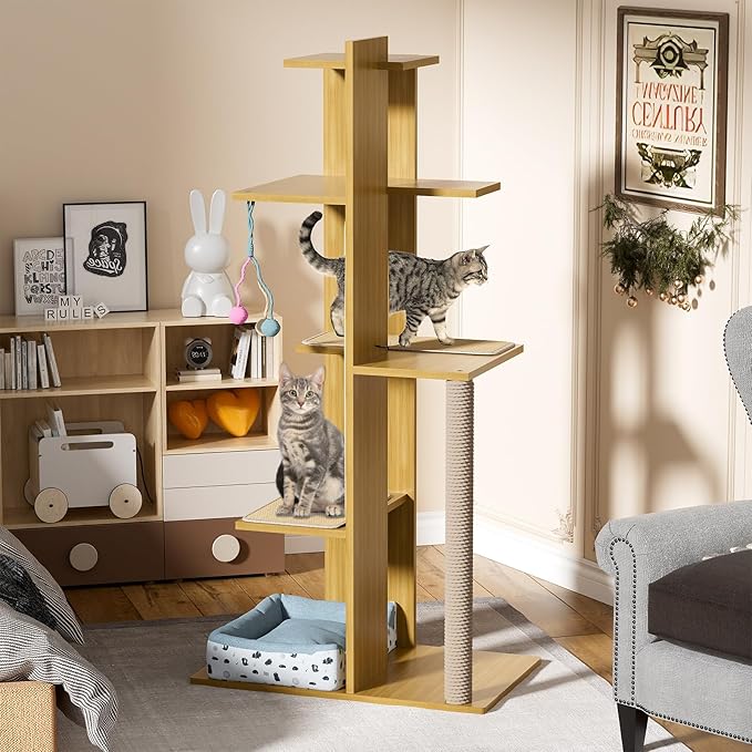 PAKASEPT 65.5" Tall Cat Tree, Multi-Level Modern Cat Tower with Sisal Scratching Posts, Cat Bed, Cat Balls, Freestanding Wooden Cat Activity Center, Cat Tree Tower for Indoor Small Large Cats