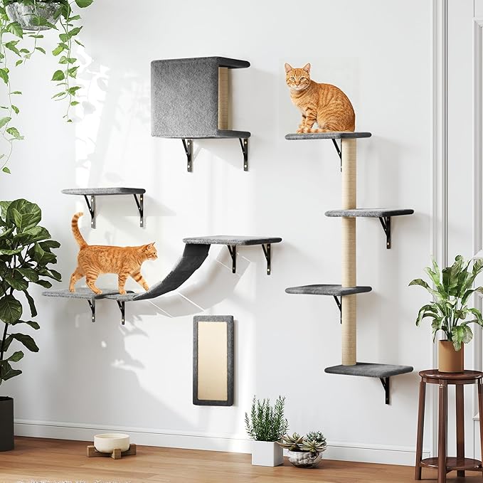 COZIWOW Wall Mounted Cat Furniture, Cat Wall Shelves and Perches, Floating Cat Shelves for Wall Set of 5 (Grey)