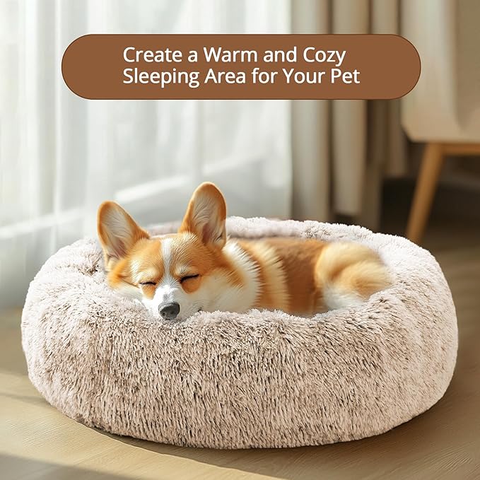 JOLLYVOGUE Calming Small Dog & Cat Bed for Indoor Cats - 20 inches Washable Donut Bed for Kittens & Puppies, Anti-Anxiety Round Fluffy Plush Pet Beds (Fits up to 15 lbs, Cream Brown)