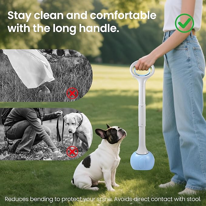 Dog Pooper Scooper Portable with Bag Attachment, One Handed Foldable Design, Includes 120 Waste Bags and Dispenser, 28 Inch Handle for Grass Yard Gravel Cleanup (Blue)