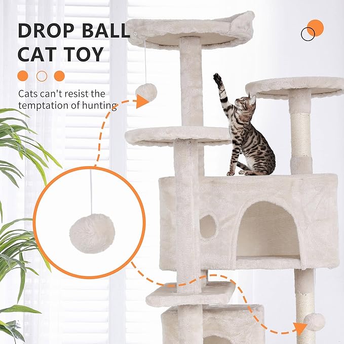 Cat Tree for Indoor Cats, Multi-Level Cat Tower with Scratching Posts & Cozy Condo, Space Saving Cat Activity Center, Durable Pet Play House (54in,Beige)