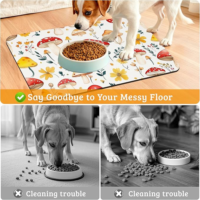 Pet Feeding Mat,Mushroom Absorbent Dog Cat Food Mat Flowers Dog Mat with Rubber Backing,Non-Slip Water Bowl Placemat,Pet Supplies 12" x 20"