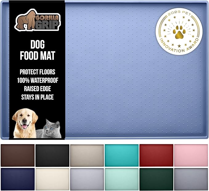 GORILLA GRIP 100% Waterproof Raised Edge BPA Free Silicone Pet Feeding Mat, Dog Cat Food Mats Contain Spills Protects Floors, Placemats for Cats and Dogs Water Bowl, Pets Accessories 16x10, Blue