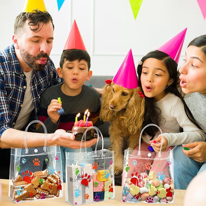 Teling 20 Packs Dog Paw Clear PVC Gift Bags with Handle Reusable Plastic Wrap Tote Bags Transparent for Puppy Pet Treat Party Favor Birthday Wedding Party, 8 x 8 x 3.15 Inch(Colorful)