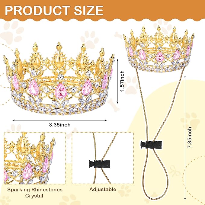 Abbylike Pet Rhinestone King Crown, Queen Crown for Birthday New Year Costume for Small Dog Cat Cosplay Party Accessories Adoption Celebration Wedding Birthday Photos Prop Costume(Pink,Medium)