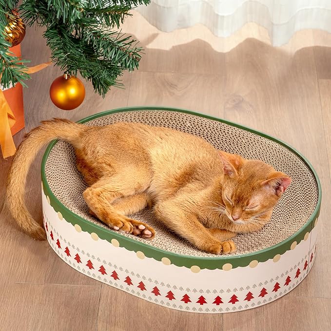 Cat Scratcher Bed, 2 in 1 Oval Cat Scratching Board for Indoor Kitty Scratch Pad Corrugated Cardboard Lounge Bowl Nest Couch Sofas for Kittens, Includes Cat Toy, Christmas