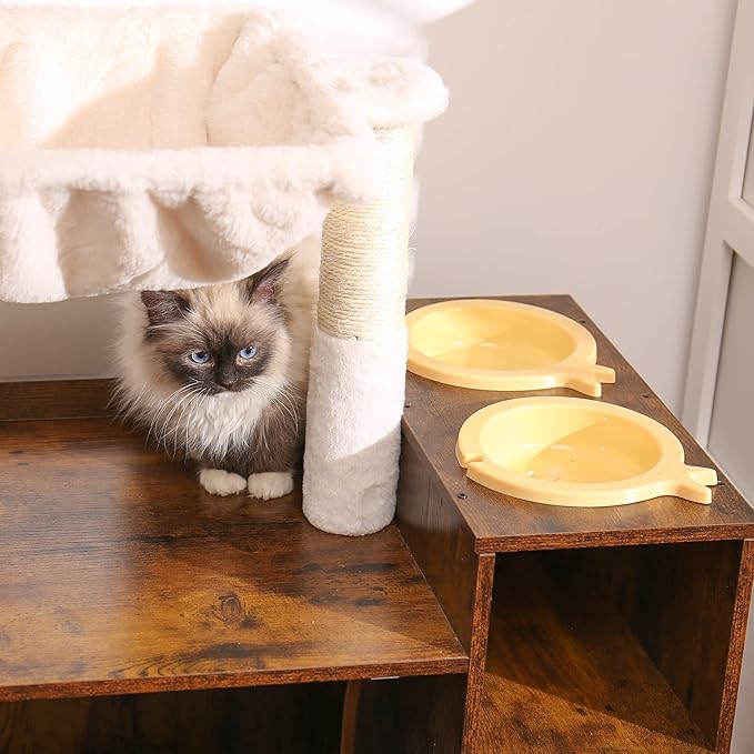 Hey-brother Cat Tree with XL Litter Box Enclosure, All-in-one Cat Tower for Indoor Cats with Large Hammock, Bed, Food Station, Scratching Posts, Modern Style Pet Furniture, Rustic Brown MPJ101SR