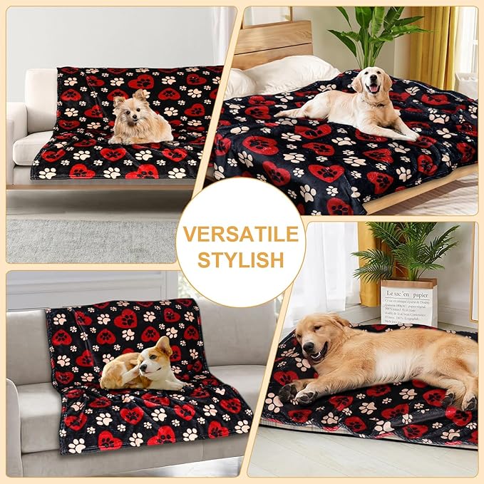 Dog Blankets for Large Dogs, 80"x60" Blanket Washable, Fuzzy Soft Pet Mat Throw Cover for Kennel Crate Bed, Cute Paw Pattern, Cat Blanket, Gifts Medium Small Pet Essentials, Black Red
