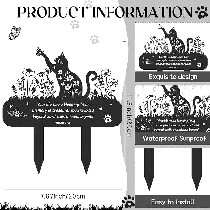 Cat Memorial Grave Stakes - Metal Wildflower Loss Pets Cemetery Markers Decorations for Humans Black Butterfly Lover Plaques Decor for Outdoor Garden Waterproof Sympathy Yard Remembrance Gift