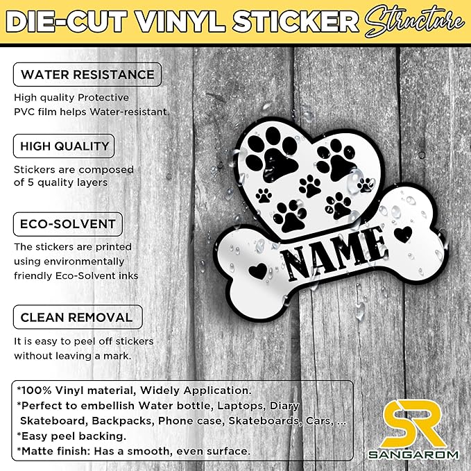 Custom Dog Paw Bone Sticker Personalized Pet Name Decal Cute Heart and Pawprint Design Waterproof Durable Vinyl for Dog Owners Laptops Cars Crates Water Bottles Pet Supplies Animal Lover Gift