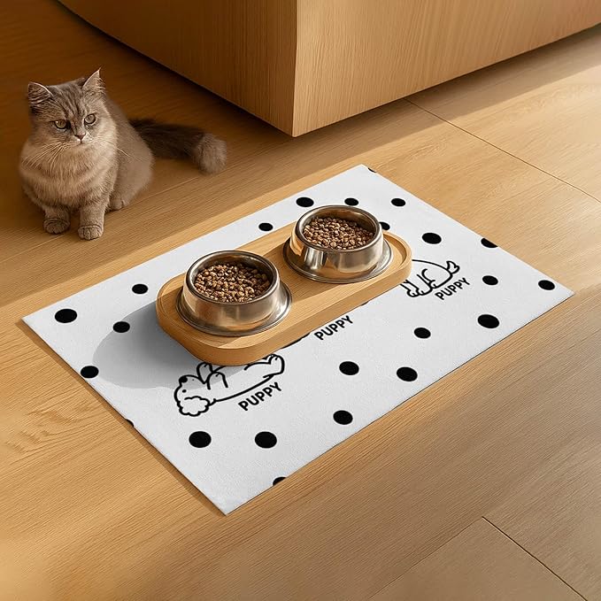 Puppy Pattern Pet Feeding Mat 24x16 Inch Polka Dot Pet Feeding Area Mat Pet Food Mat Pet Mats for Food and Water Dog Mat for Food and Water Indoor Feeding Corner Kitchen Floor Decor