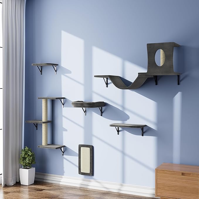 NUNU LAB Wall Mounted Cat Furniture Set - 6 Pcs Climber Set with House, Bridge, Steps, Scratcher Board - DIY Walls Playground, Indoor Cat Shelves - Dark