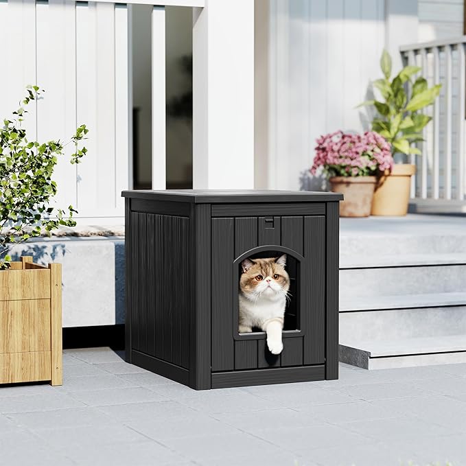 Cat Litter Box Enclosure, Plastic Hidden Litter Box Side Table with Openable Front Door, Waterproof & Weatherproof Cat Box Enclosure Cabinet for Indoor & Outdoor Use (Black)