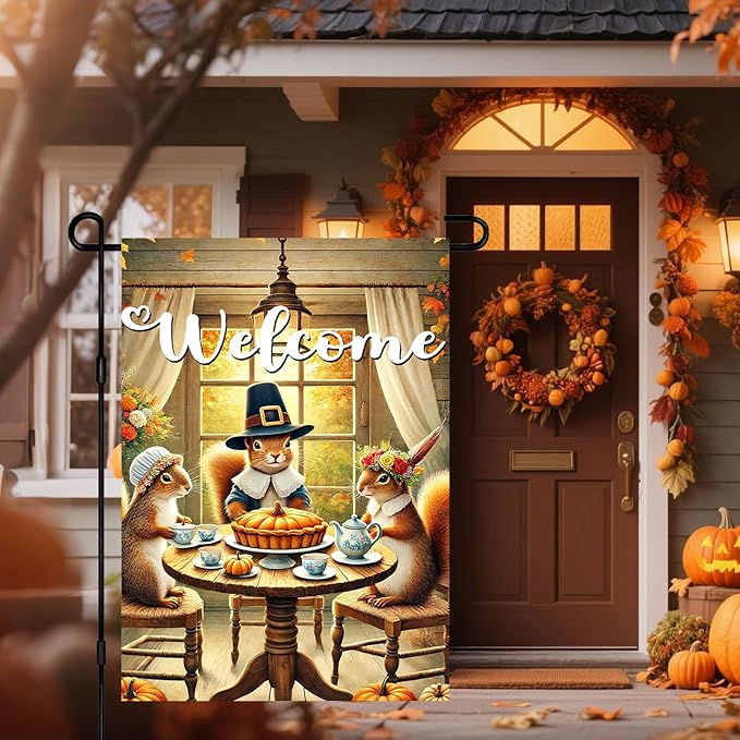 Welcome Garden Flag Autumn Garden Flag Adorable Squirrels Tea Party Decorative Garden Flags Pumpkin Pie Festive Fall Scene Outdoor Yard Banner 12x18 Inch Double Sided Home Accent
