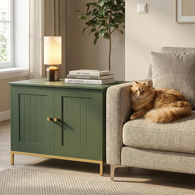 Homhedy Cat Litter Box Enclosure, Cat Washroom Furniture with Metal Frame, Pet House, Fit Most of Litter Box, Modern Style, Green and Gold