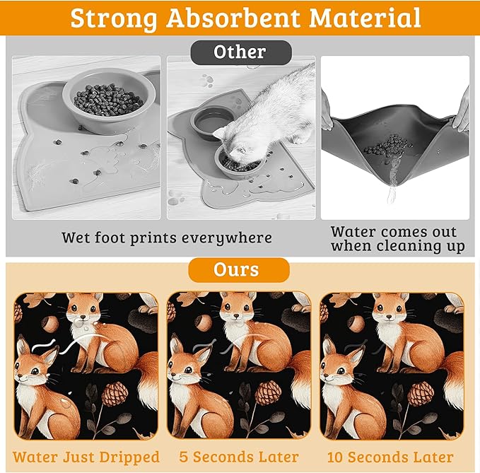 Cute Squirrel Dog Cat Food Mat,Bird Fox Absorbent Waterproof Placemat for Food and Water Non Slip Rubber Backing Durable Feeding Pad for Clean Floors 16" x 24"