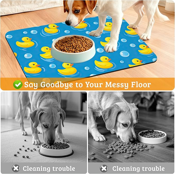 Yellow Rubber Ducks Dog Food Mat,Soap Bubbles Absorbent Pet Feeding Mat for Food and Water Bowl,Quick Dry Dog Placemat Non Slip Rubber Backing Waterproof Pet Supplies 12" x 20"