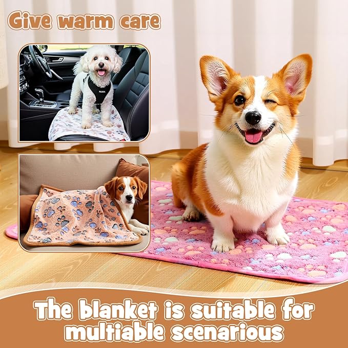 Tegeme 12 Pcs Pet Blankets Soft Fluffy Fleece Dog Cat Warm Paw Print Pattern Blankets Flannel Throw for Pets Dog Puppy Cat(30 x 20 Inch,Pink,Beige,Camel)