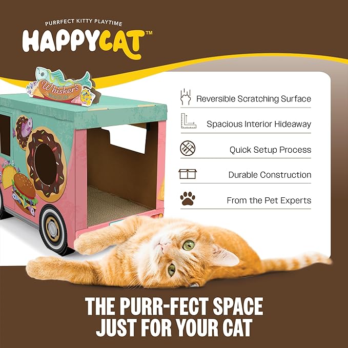 HappyCat Whisker’s Wagon Cat Scratcher House - Vintage Cardboard Cat Playhouse with Scratch Panels & Spacious Hideaway. Cute Pet Toys - Durable Activity Center for Indoor Cats