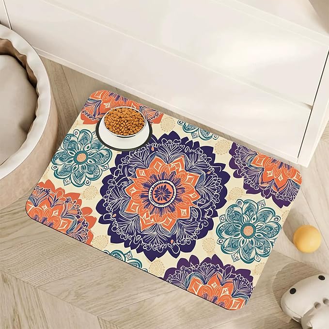 Mandala Flower Dog Cat Food Mat,Vintage Boho Floral Absorbent Pet Feeding Mat with Rubber Backing,Non-Slip Water Bowl Placemat,Indoor Pet Accessories Supplies 16"x24"