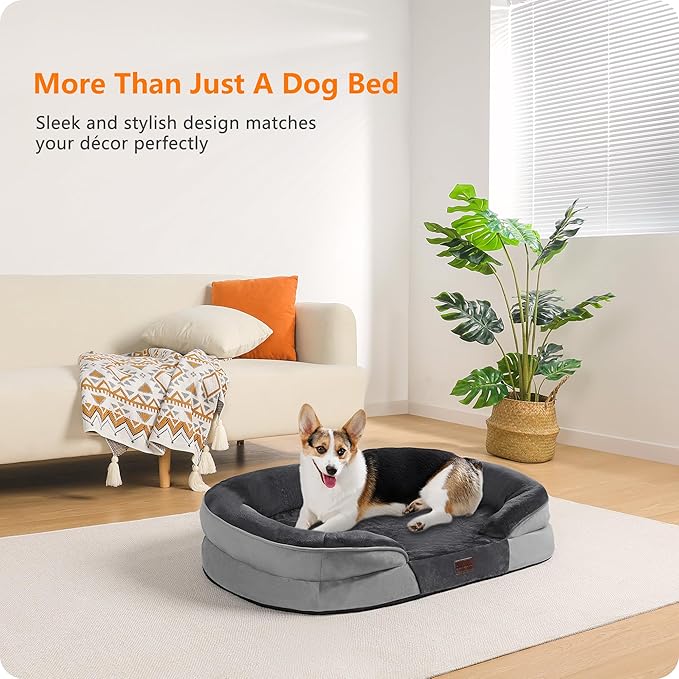 Dwanton Orthopedic Dog Bed for Medium Dogs with Gel Memory Foam, Waterproof Dog Sofa, Washable Pet Bed with Four Sided Bolster Cushion, Removable Cover & Non-Slip Bottom, 35", Dark Gray