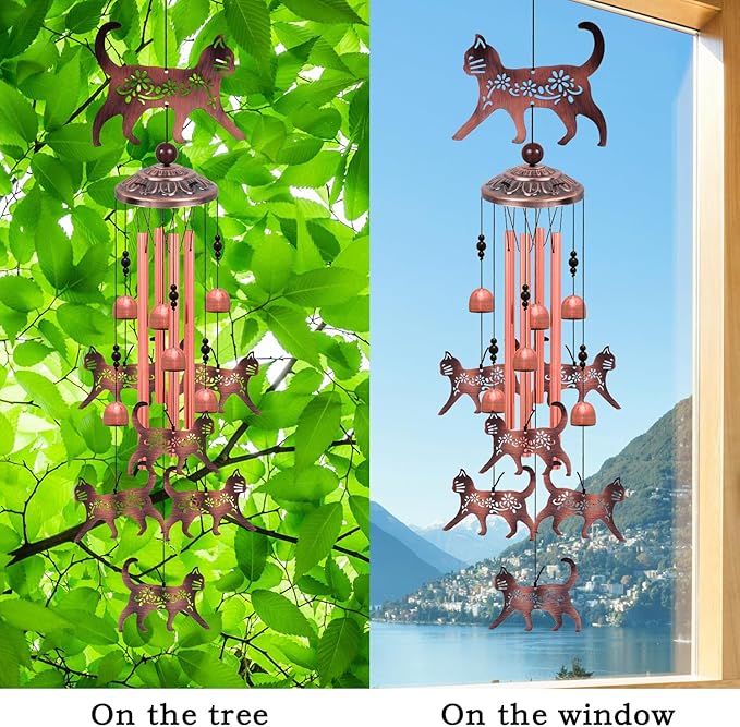 Outdoor Cat Wind Chimes, Gifts for Mom & Grandma & Woman & Family & Neighbor, Cats Decoration for Home,Garden,Balconies,Room,Patio,Indoor, Mobile Wind Catcher, Memorial Windchime, Blessing Wind Bells