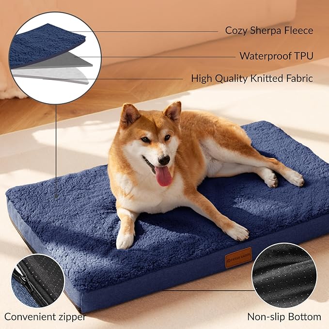 Patas Lague Orthopedic Jumbo Dog Bed for Large Sized Dog 56''X40'', Soft Waterproof Egg Crate Foam Large Pet Crate Beds Mat with Removable Washable Cover and Non-Slip Bottom, Navy Blue