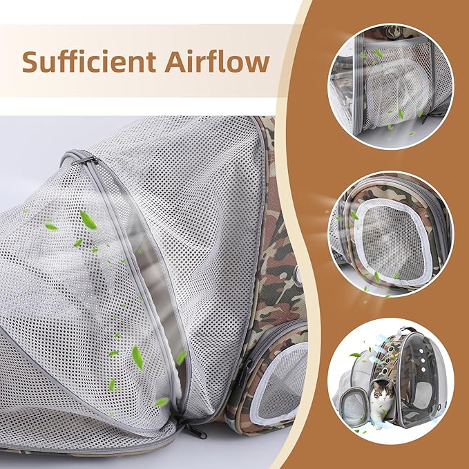 Cat Backpack Carrier Back Expandable Bubble Pet Carrier Backpack for Large Cat, Kitten and Dog, Designed for Hiking, Travelling and Outdoor Use (Back Expandable-Camo)