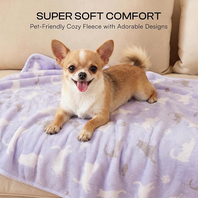 Luciphia 1 Pack 3 Cat Printed Fleece Pet Blankets Washable，Soft Warm Throw Covers for Crate Couch Bed，Cozy Puppy Essentials for Dogs and Cats，Purple/Grey/Khaki, Small (23x16 inch)