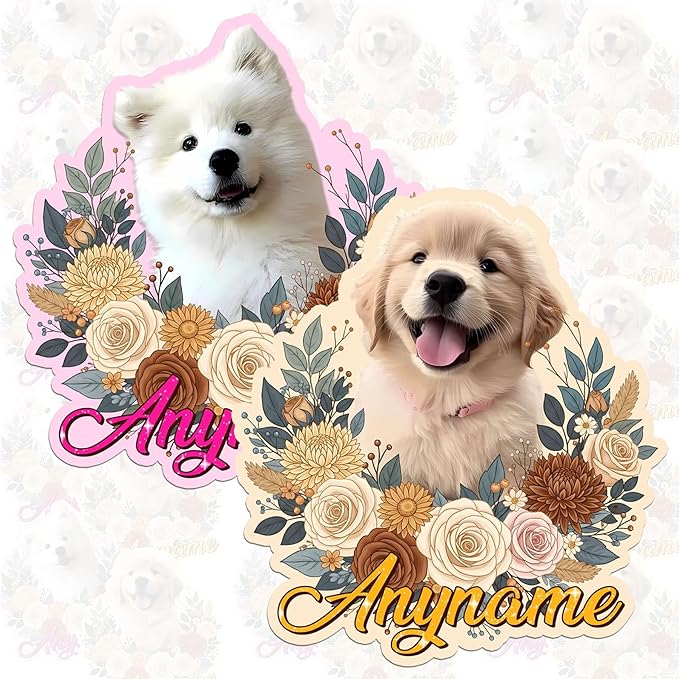Custom Pet Face Photo Name Floral Sticker Personalized Text Image Animal Flower Decal Waterproof Vinyl Decal for Water Bottles Tumbler Laptop Hard Hat Car Kindle Gifts for Girl Boy