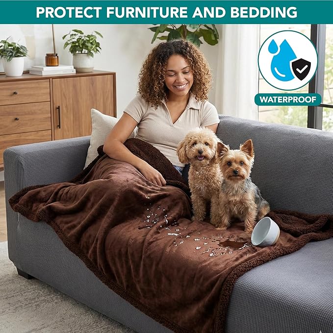 PetAmi Waterproof Dog Blanket for Medium Large Dog Puppy Cat Throw for Couch Cover Leakproof Protection, Sherpa Fleece, Reversible Soft Washable 60x40 Brown Brown