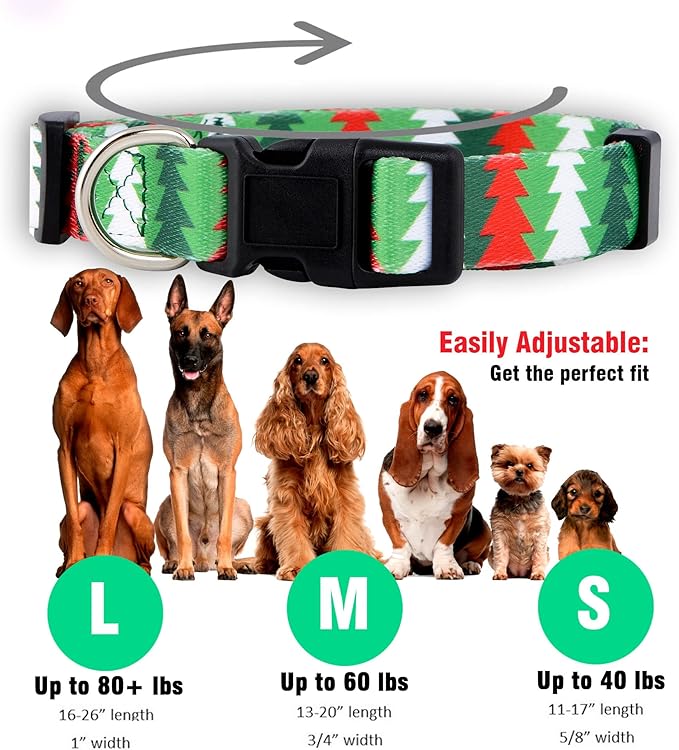 Native Pup Christmas Dog Collar- Winter Holiday Collars for Pets- Xmas Gift for Puppy- Santa, Reindeer, Snowman, Candy Cane, Red Green- Girl Boy- Small, Medium, Large Breeds (Christmas Tree, Large)
