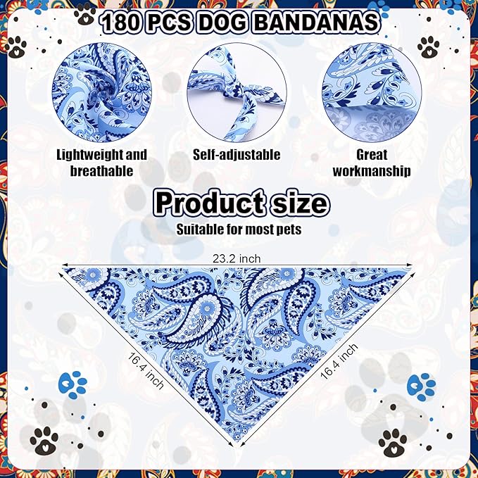 Aliceset 180 Pcs Paisley Dog Bandana Bulk Retro Bandanas for Dogs Adjustable Washable Pet Triangle Scarf Paisley Print Dog Kerchief Bibs for Small Medium Large Dog Cat Holiday Costume Accessories