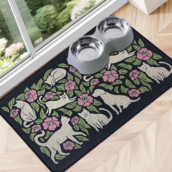 SHIYUE Dog Food Mats for Floors, Absorbent Cat Bowl for Food and Water, Non-Slip Accessories Pet Supplies(12"x20",Black Animal Flower)