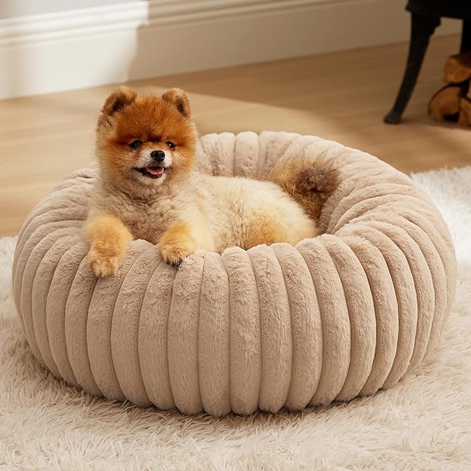 Bedsure ComfyFleece™ Donut Small Dog Bed - Dog Beds for Small Dogs with Corduroy Fleece & Anti Slip Bottom, Round Faux Fur Pet Beds with Washable Removable Cover, Sandy Beige, 23x23x7 inches