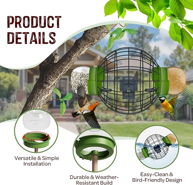 LONA Squirrel Proof Bird Feeding Cage for Outdoors - All-Weather Metal Caged Bird Feeders with Peanut Butter Jar Holder, Chew-Proof Feeding Cage for Small Birds (Round Cage, 2 Feeding Units)