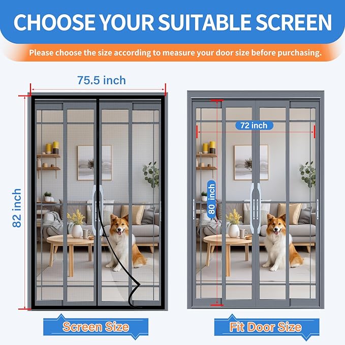 Upgraded PET Mesh Magnetic Screen Door Stronger Than Fiberglass and Polyester,Hands Free,Keep Bugs Out,Pet & Kid Friendly,Suitable for Sliding Doors,Patio and French Doors-72" X 80"