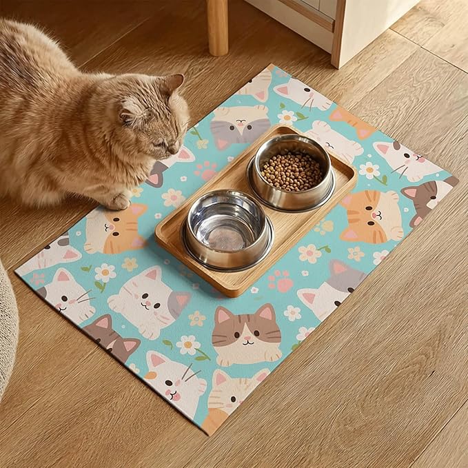 Cat Feeding Mat 24x16 inch Blue Kitten Print Pet Bowl Placemat Non Slip Floor Mat for Food and Water Indoor Kitty Feeding Station Cute Meal Pad for Small Pets Kitchen Use