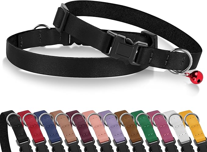 Breakaway Cat Collar with Bell - Leather Adjustable Kitten Collars with Safety Quick Release Buckle - Soft Small Pet Collars for Girl & Boy Cats