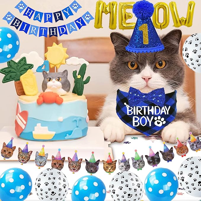STMK Cat Birthday Party Supplies, Cat Birthday Hat with Numbers Bandana Bow Tie Collar Banner Garland MEOW Letter Balloons for Cats Kittens Outfits Decorations