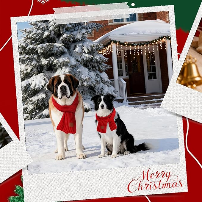 BWOGUE 2-Piece Knitted Dog Christmas Scarf & Bandana with Red Design for Medium/Large Dogs - Winter Warm Holiday Pet Costume Accessory (Red)