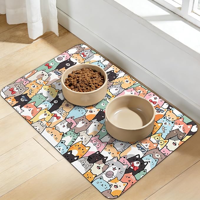 Dog Food Mat for Bowls, Absorbent Quick Dry Dog Cat Mats for Food and Water, Non-Slip Backing Pet Mat Pet Supplies - Cat Pattern