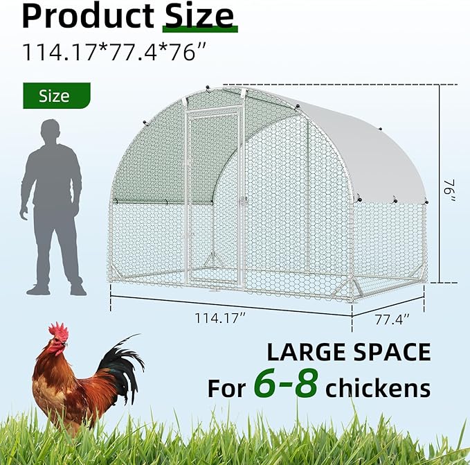 4ever2buy Large Metal Chicken Coop with Run Walk-in Poultry Cage Chicken Runs House Pen Cage Dome Roofed Chicken Coops with Anti-Ultraviolet Cover for Outdoor Yard Farm Use 9.5'W x 6.45'L x 6.3'H