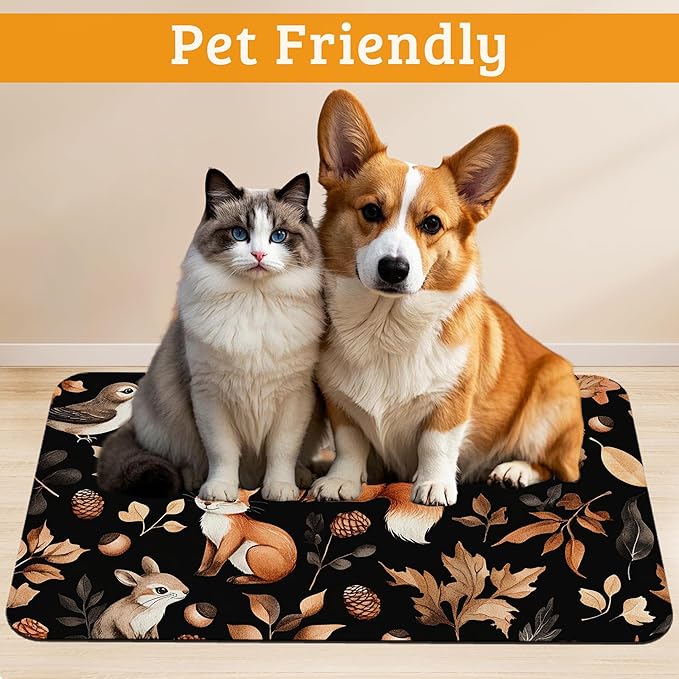 Cute Squirrel Dog Cat Food Mat,Bird Fox Absorbent Waterproof Placemat for Food and Water Non Slip Rubber Backing Durable Feeding Pad for Clean Floors 16" x 24"
