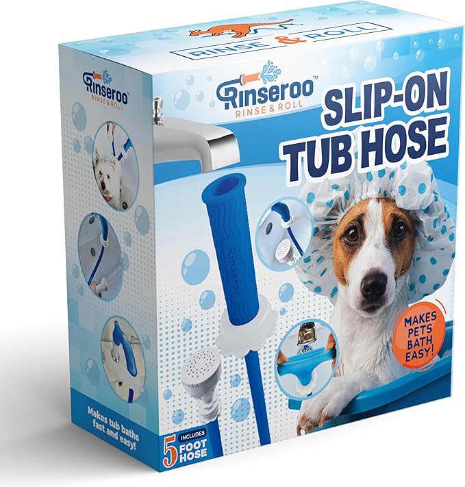 Rinseroo Slip-On Bathtub Faucet Sprayer Attachment. Ultra-Flex Dog Shower Adapter Portable With Pet Showerhead. Attach to Tub Spout 5 Foot Hose. No Install for Speedy Washing